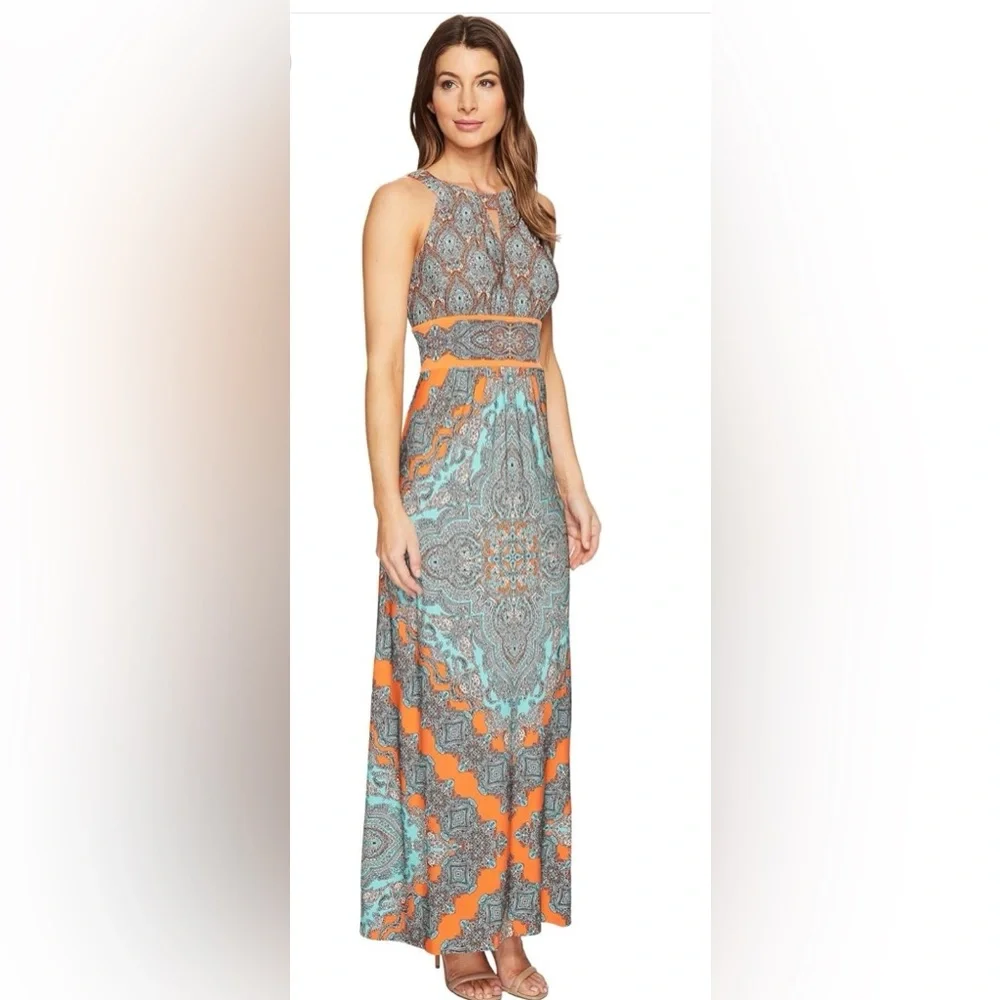 London Times Size 12 Medallion Sleeveless Halter Maxi Dress Orange and Blue NWOT
